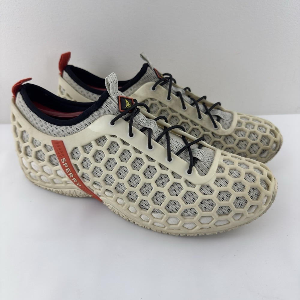 Sperry Cream Hex Mesh Boat Shoes with Black and Red Accents